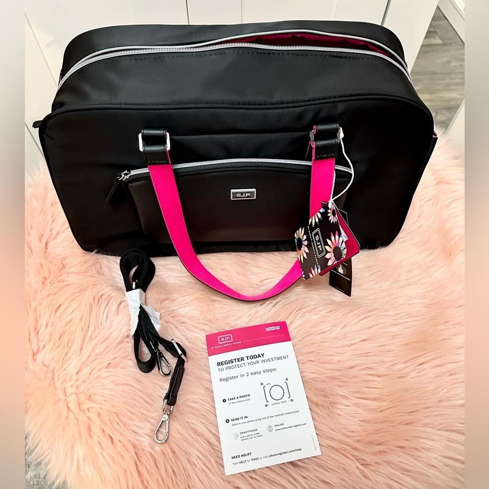 SJP Convertible Weekender Travel Carry-On Duffel Bag Black and Pink NEW! FIRM!! - Picture 4 of 16